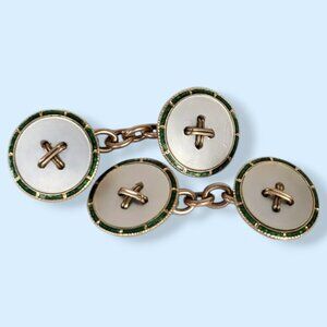 Antique 14k Gold Hand-Enameled Hinge-Back Cuff Links